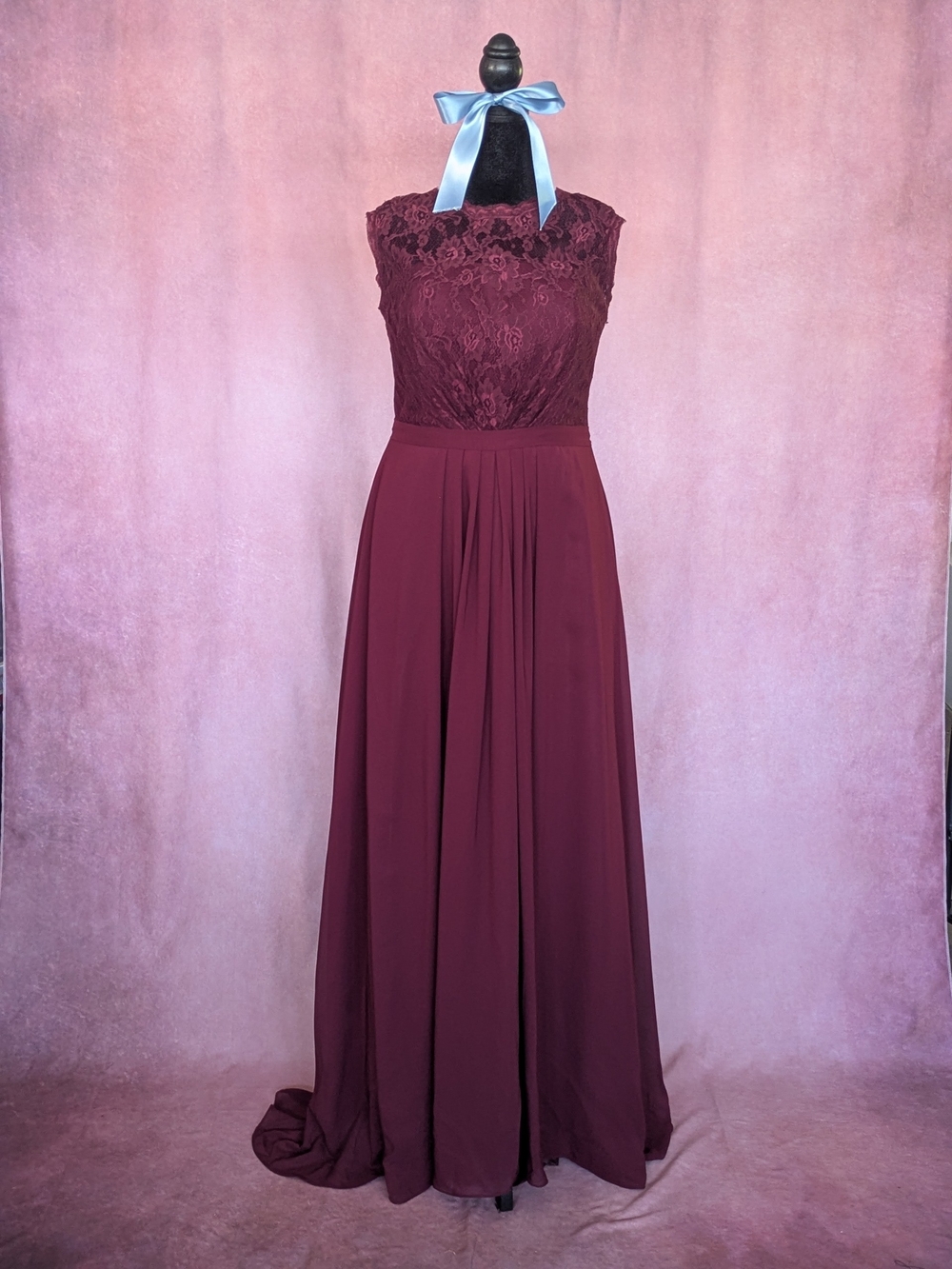 Burgundy Lace & Chiffon Formal Gown | Adjustable Lace-Up Back